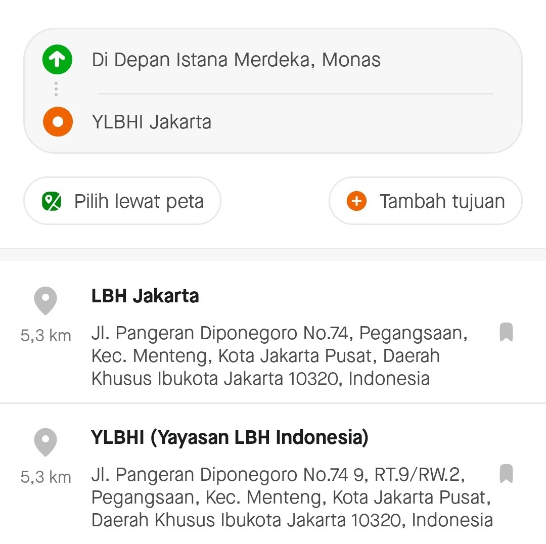 Sample grab screenshot with the full address listed: Jl. Pangeran Diponegoro, no.74, Pegangsaan, Kec. Menteng, Jakarta Pusat, Daerah Khusus Ibukota Jakarta 10320, Indonesia