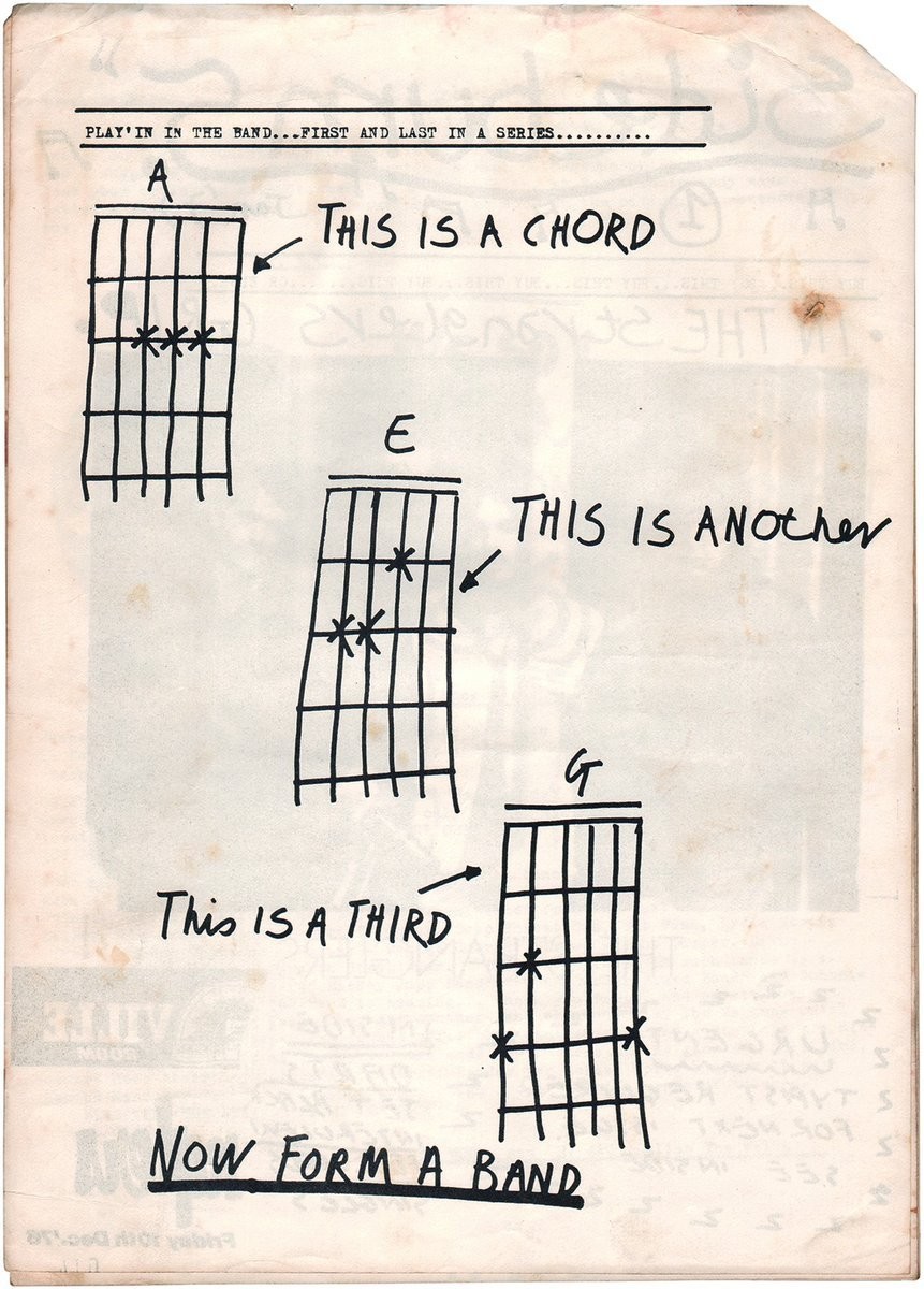 A scan of a page from a zine (with the ghosts of the opposite page bleeding through) showing a guitar tabs for three chords, A, E, and G. They are labeled "this is a chord"; "this is another"; "this is a third". Underneath, underlined, it reads "Now form a band."